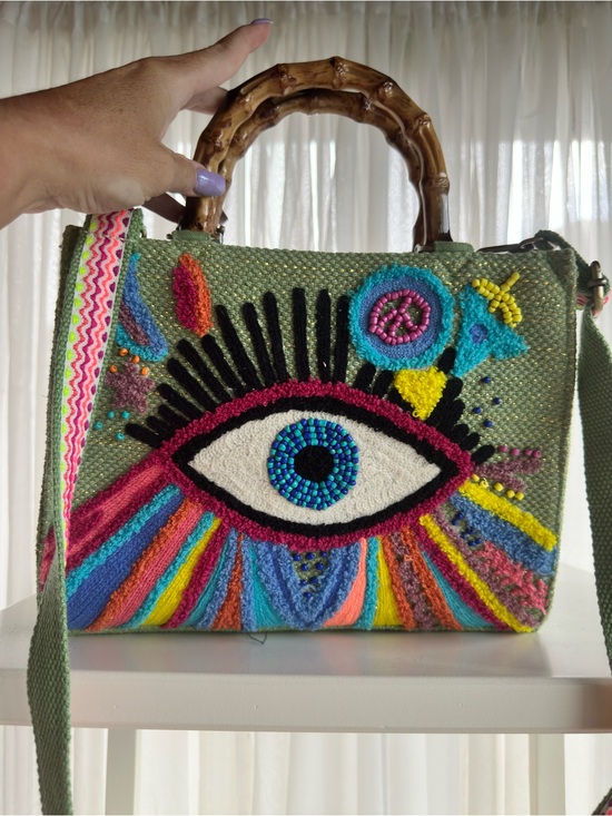 America & Beyond Handbags - 🧿🪬 Multicolor Embroidered Evil Eye Handbag w/ Bamboo Handles & crossbody strap.